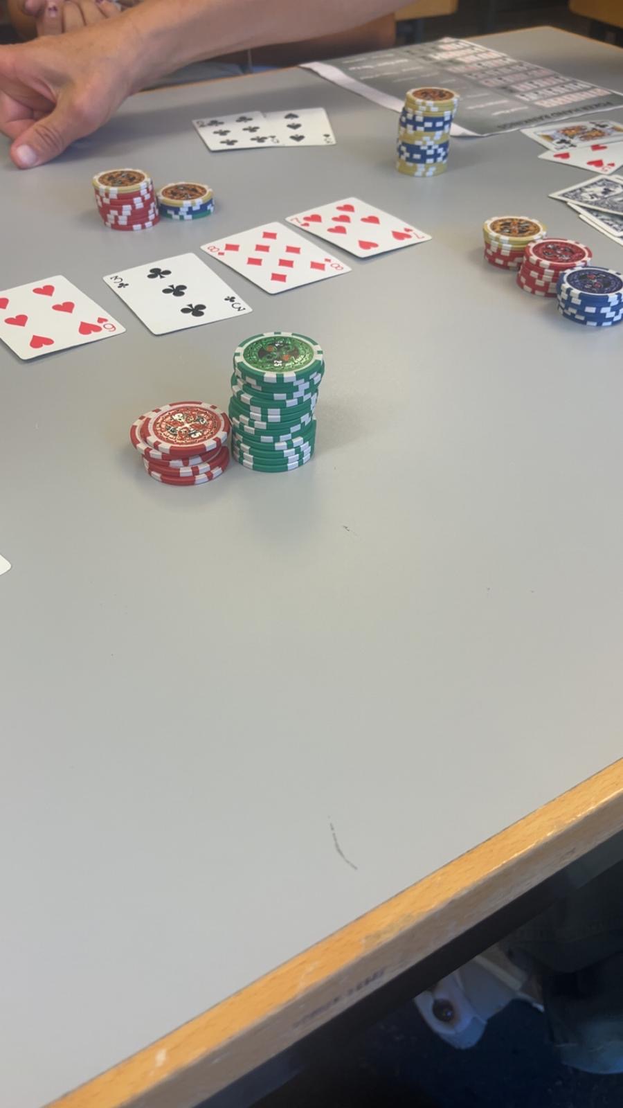 Pokertisch mit Gemeinschaftskarten und Chipstapeln während einer Runde